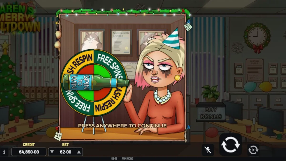Interface do jogo de slot Karen’s Merry Meltdown com tema natalino caótico